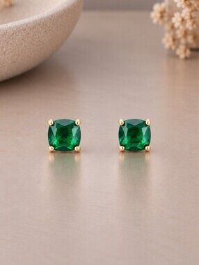 Gold Green Cushion-Cut Stud Earrings